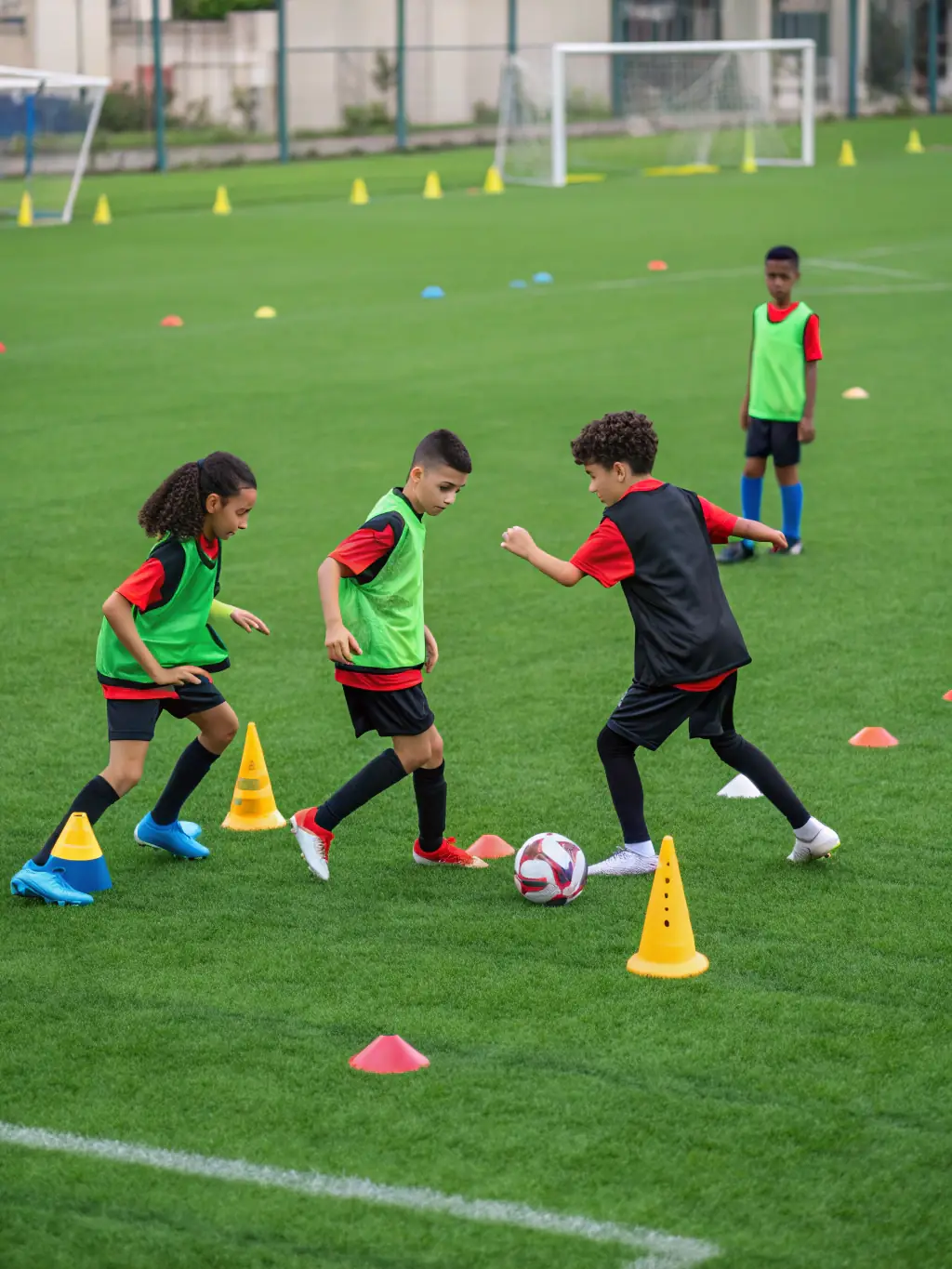 A dynamic image of young football players in action during a training session, showcasing their energy and enthusiasm.
