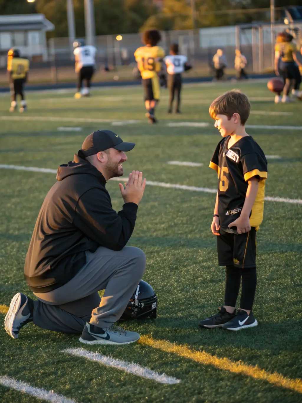 A picture of a FOOTBALL CLUB DE L'ARTENSE coach mentoring a young player during a training session, emphasizing the personalized support and guidance provided by the club's staff.