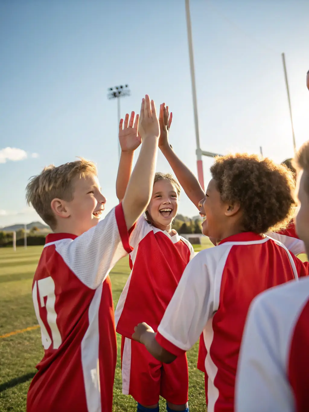 A photo of young children in FOOTBALL CLUB DE L'ARTENSE uniforms, laughing and celebrating after a football training session, showcasing the joy and camaraderie fostered by the club.
