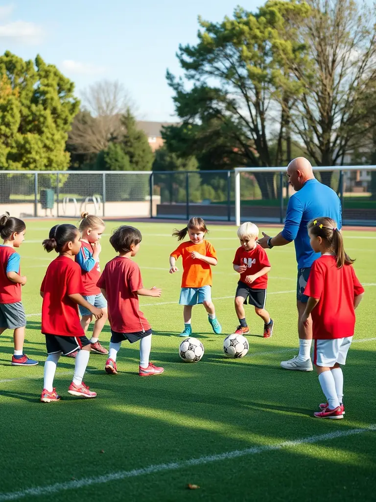 A group of young children in FOOTBALL CLUB DE L'ARTENSE uniforms practicing basic football drills on a sunny field, focusing on teamwork and skill development.