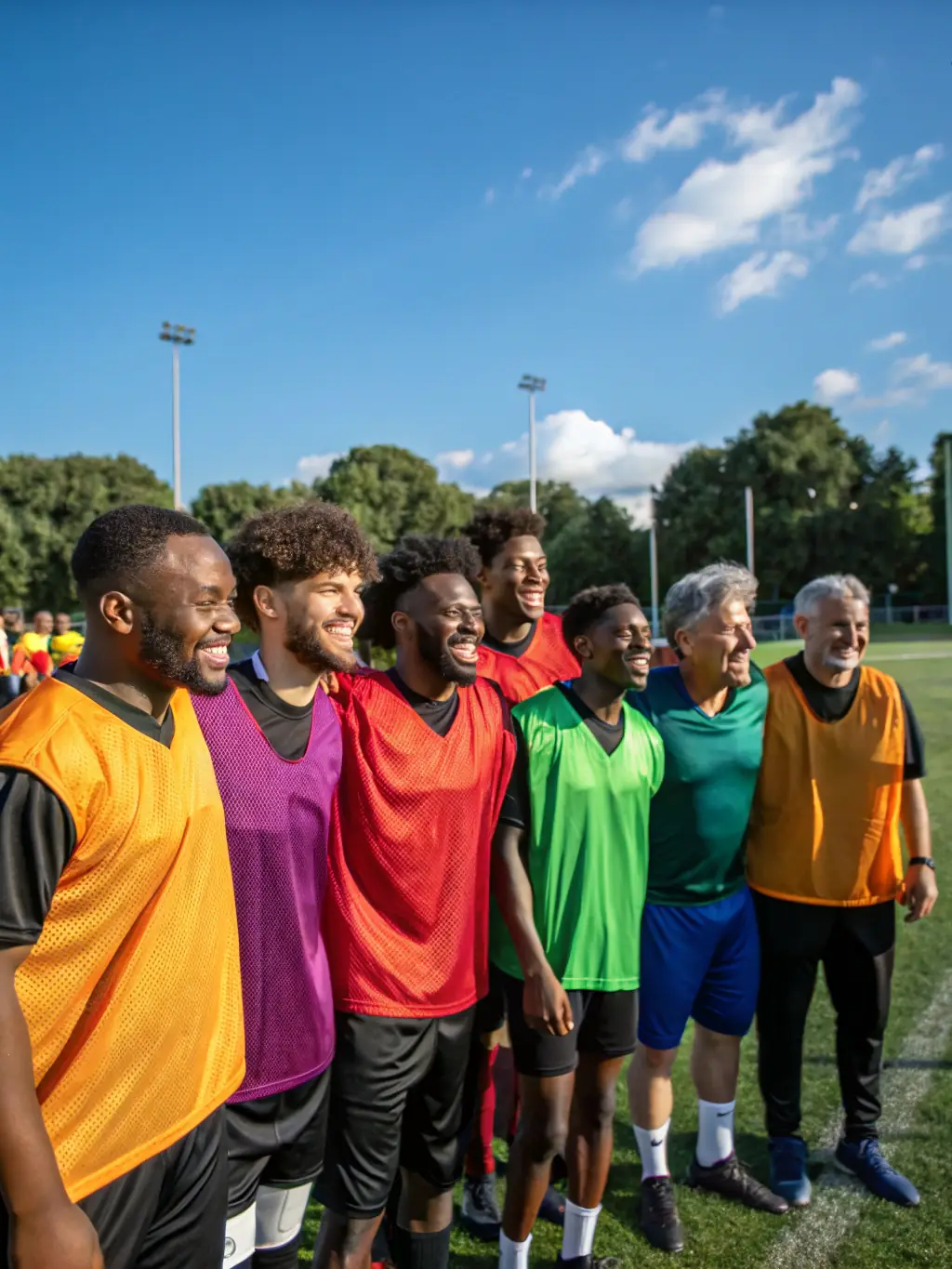 A group photo of the football club members, including players, coaches, and volunteers, smiling and showing team spirit.