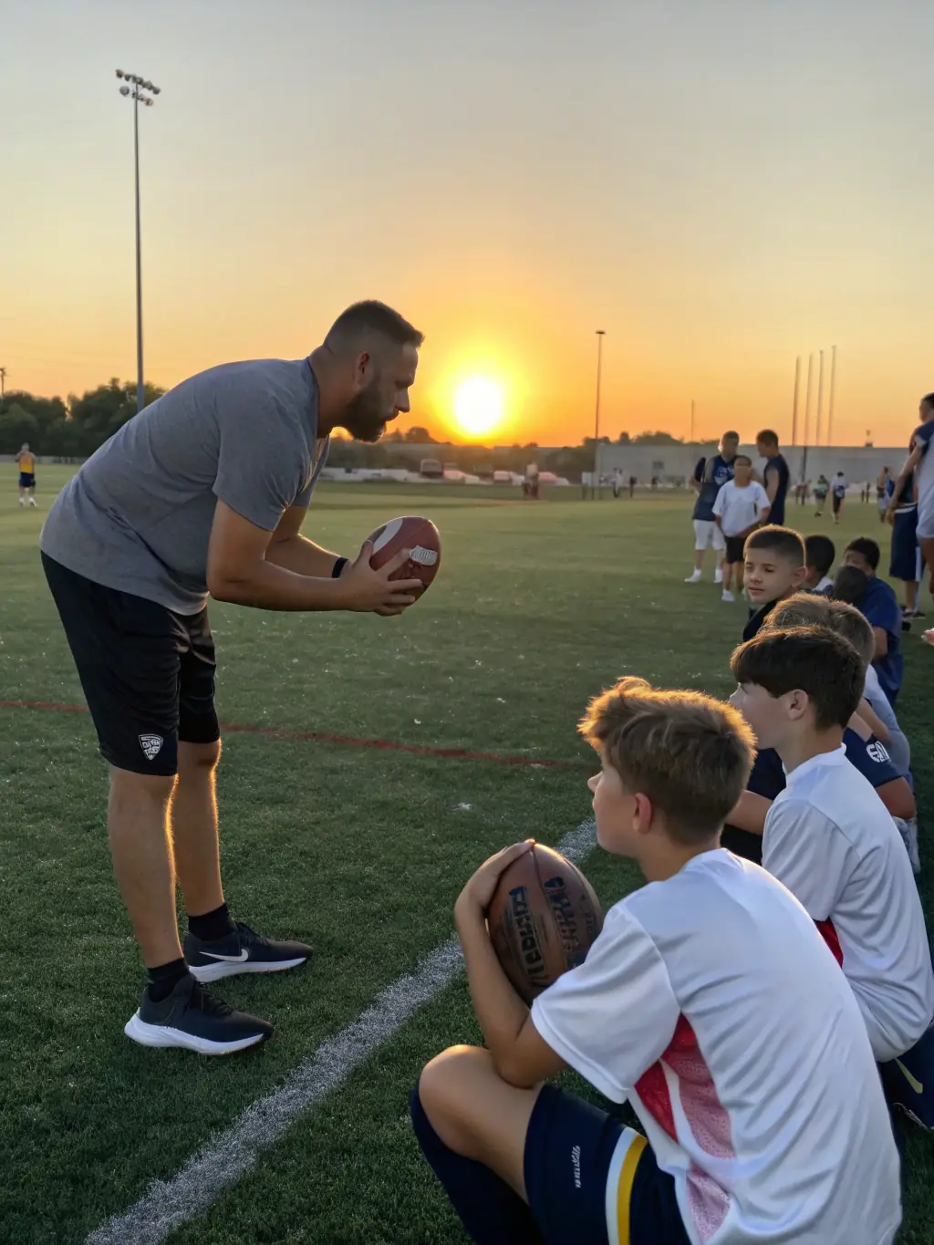 A photo of a coach demonstrating a football technique to a group of attentive young players.